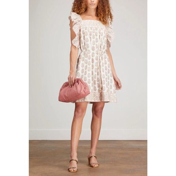 Hannah Artwear Beige Pink Divya Ruffle-Sleeve Floral Cotton Mini Dress 2 US M - Picture 1 of 5